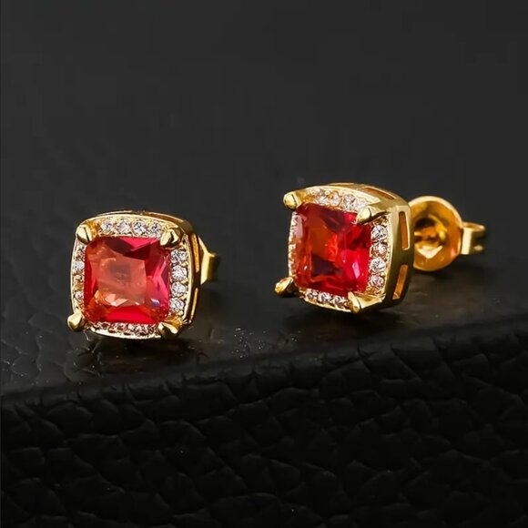 14K Gold Mens Square 2ct Red Ruby Gemstone 1ct Diamond Stud Earrings Jewelry NEW - Picture 1 of 7